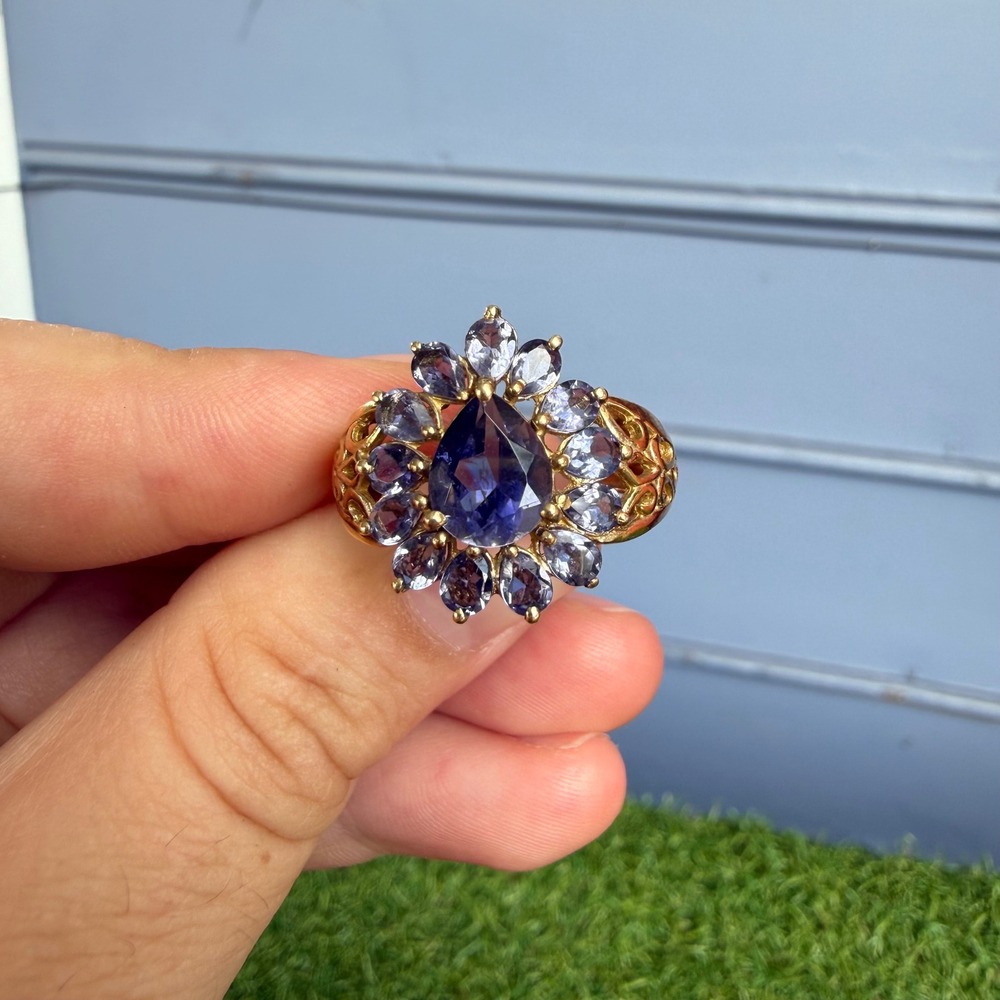 Vintage 10k Gold Pear Iolite Tanzanite Cluster Filigree Statement Ring Size 8.5‎